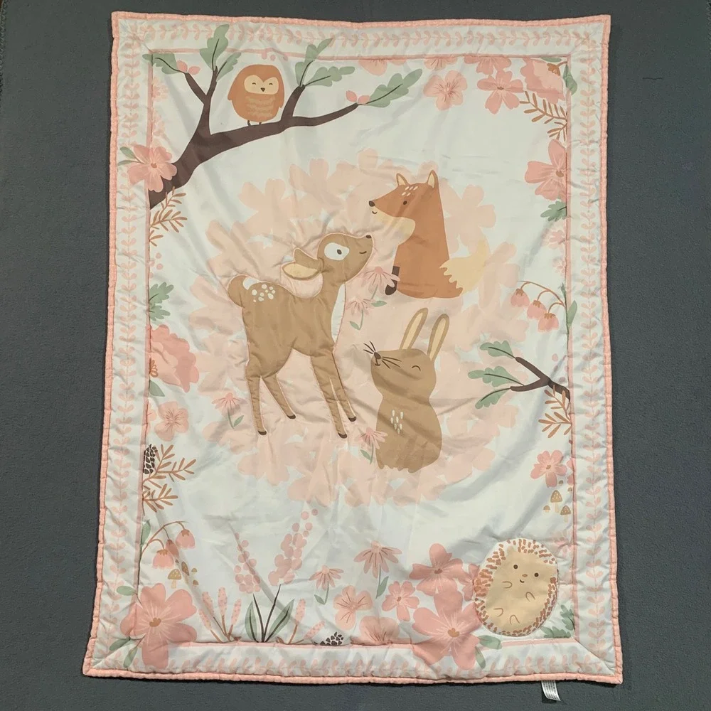 Pink Woodland Animals Baby Quilt Play Mat Deer Fox Rabbit 31x40